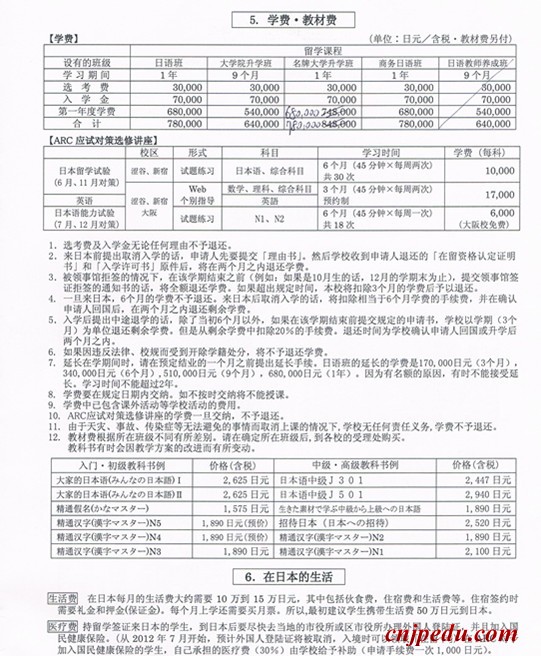 Arc日本语学校学费资料费 留学招生 日本留学网 日本留学免费申请